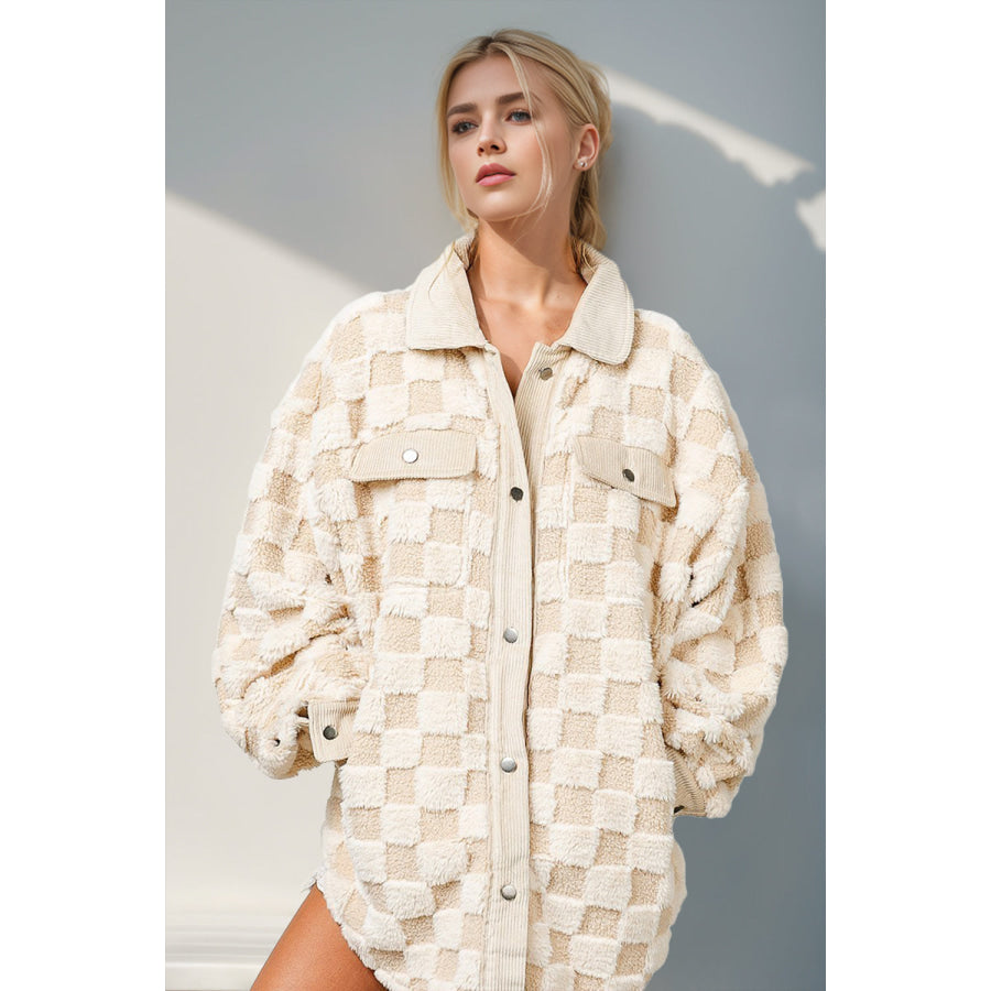 Double Take Button Up Fuzzy Checkered Shacket Cream / S Apparel and Accessories