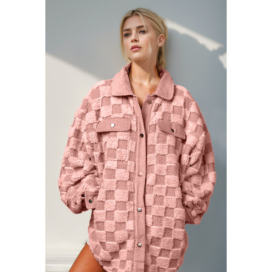 Double Take Button Up Fuzzy Checkered Shacket Dusty Pink / S Apparel and Accessories