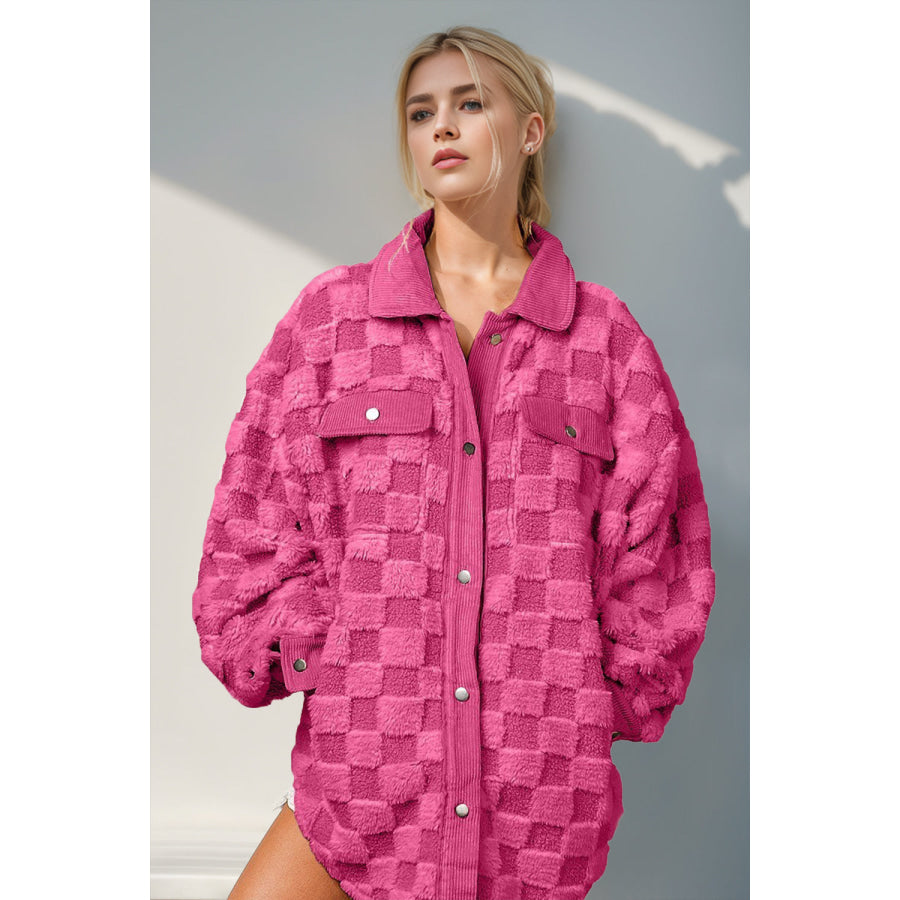 Double Take Button Up Fuzzy Checkered Shacket Hot Pink / S Apparel and Accessories