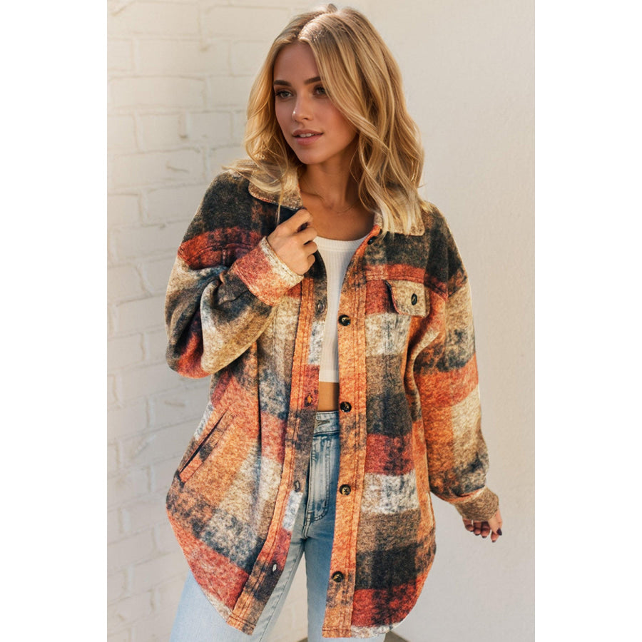 Double Take Button Up Plaid Fleece Shacket with Pockets Apparel and Accessories