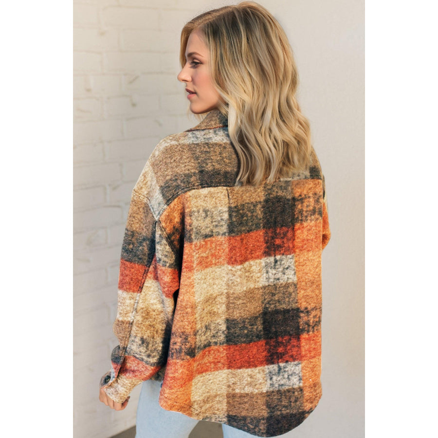 Double Take Button Up Plaid Fleece Shacket with Pockets Apparel and Accessories