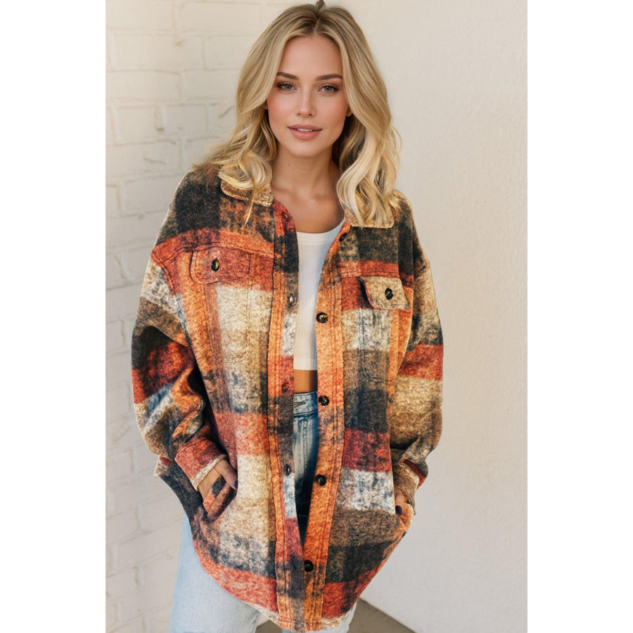Double Take Button Up Plaid Fleece Shacket with Pockets Multicolor / S Apparel and Accessories