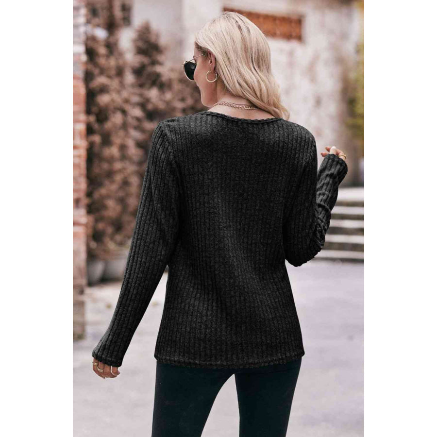 Double Take Buttoned Hem Detail Ribbed Top Apparel and Accessories