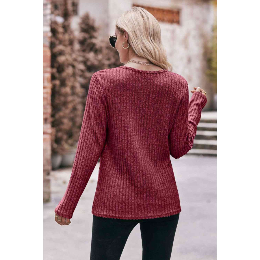 Double Take Buttoned Hem Detail Ribbed Top Apparel and Accessories