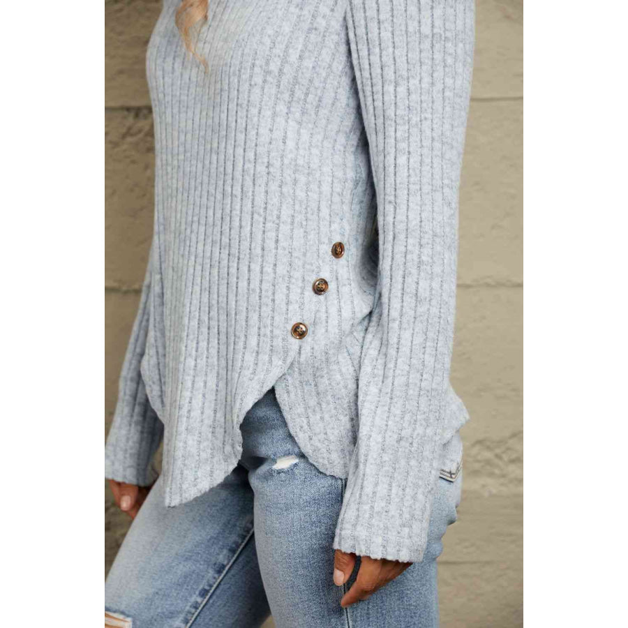 Double Take Buttoned Hem Detail Ribbed Top Apparel and Accessories