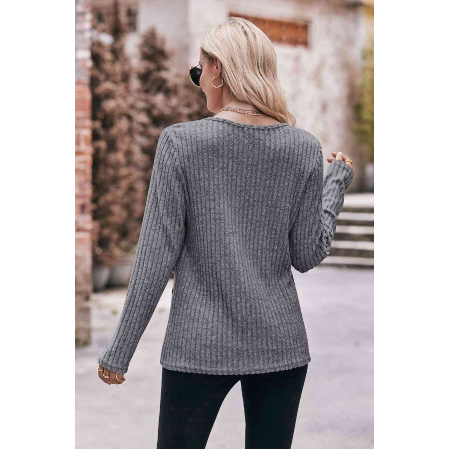 Double Take Buttoned Hem Detail Ribbed Top Apparel and Accessories