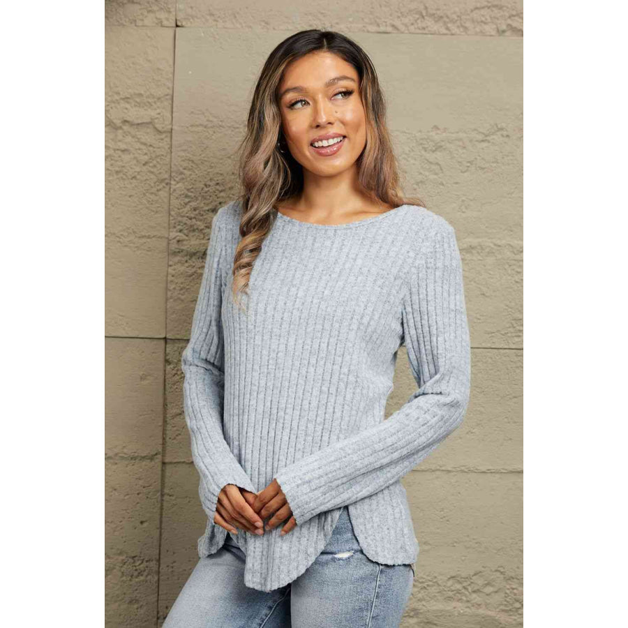 Double Take Buttoned Hem Detail Ribbed Top Apparel and Accessories