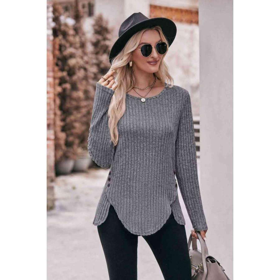 Double Take Buttoned Hem Detail Ribbed Top Apparel and Accessories