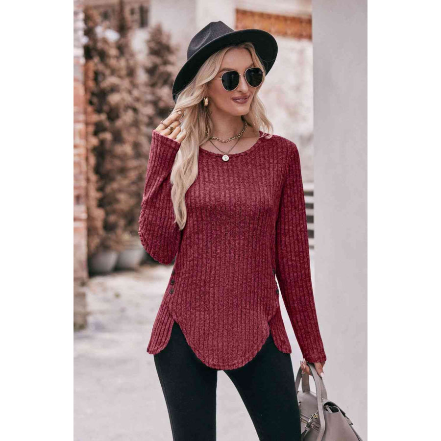Double Take Buttoned Hem Detail Ribbed Top Apparel and Accessories