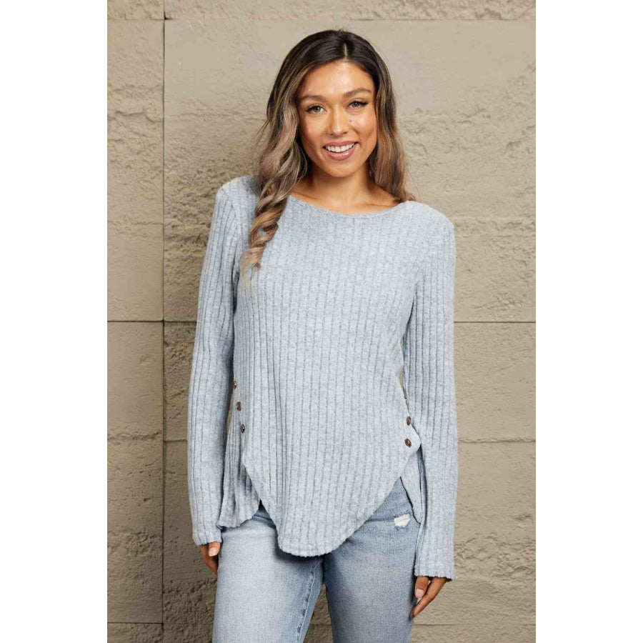 Double Take Buttoned Hem Detail Ribbed Top Apparel and Accessories