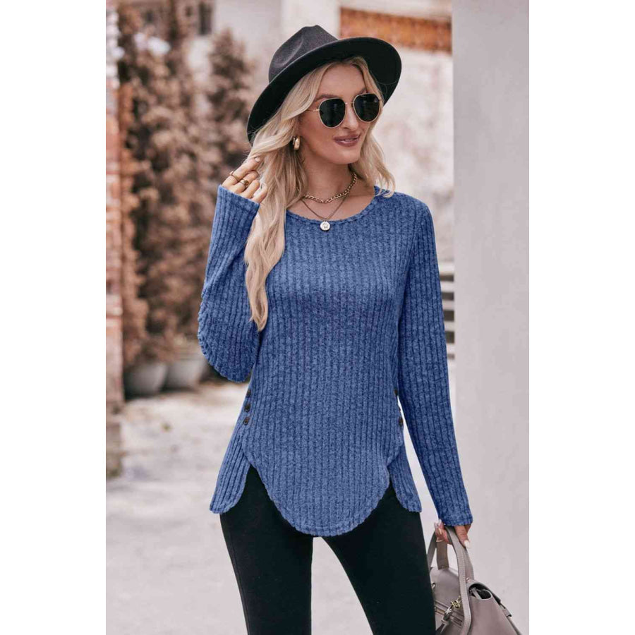 Double Take Buttoned Hem Detail Ribbed Top Apparel and Accessories