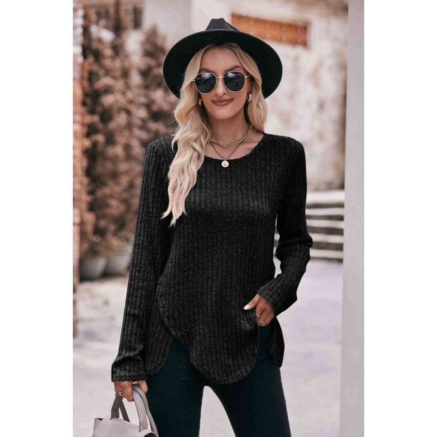 Double Take Buttoned Hem Detail Ribbed Top Black / S Apparel and Accessories