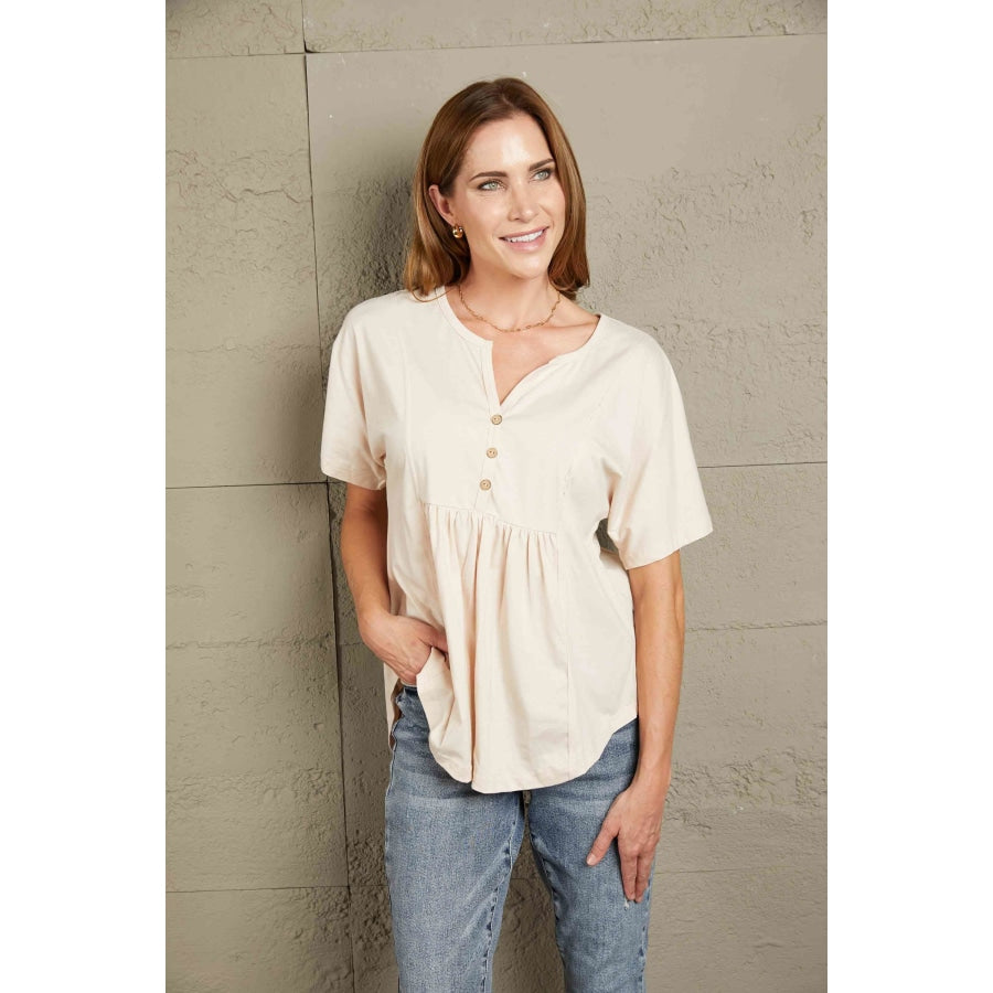 Double Take Buttoned Notched Neck Short Sleeve Top Shirts & Tops