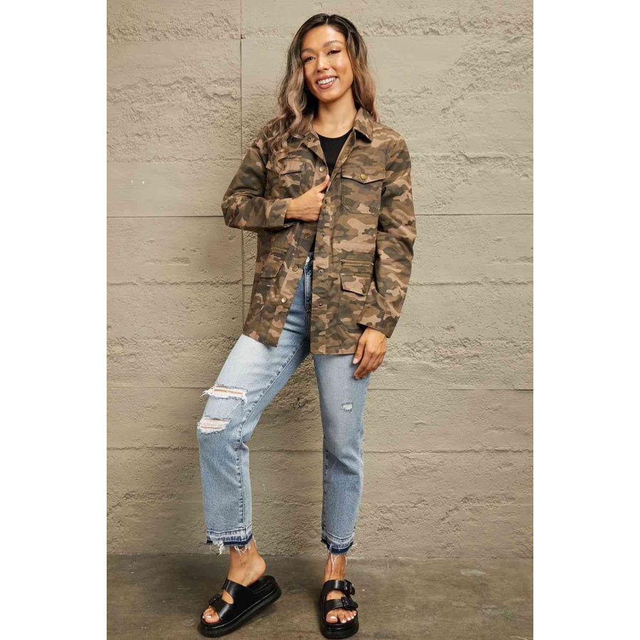 Double Take Camouflage Snap Down Jacket Coats & Jackets