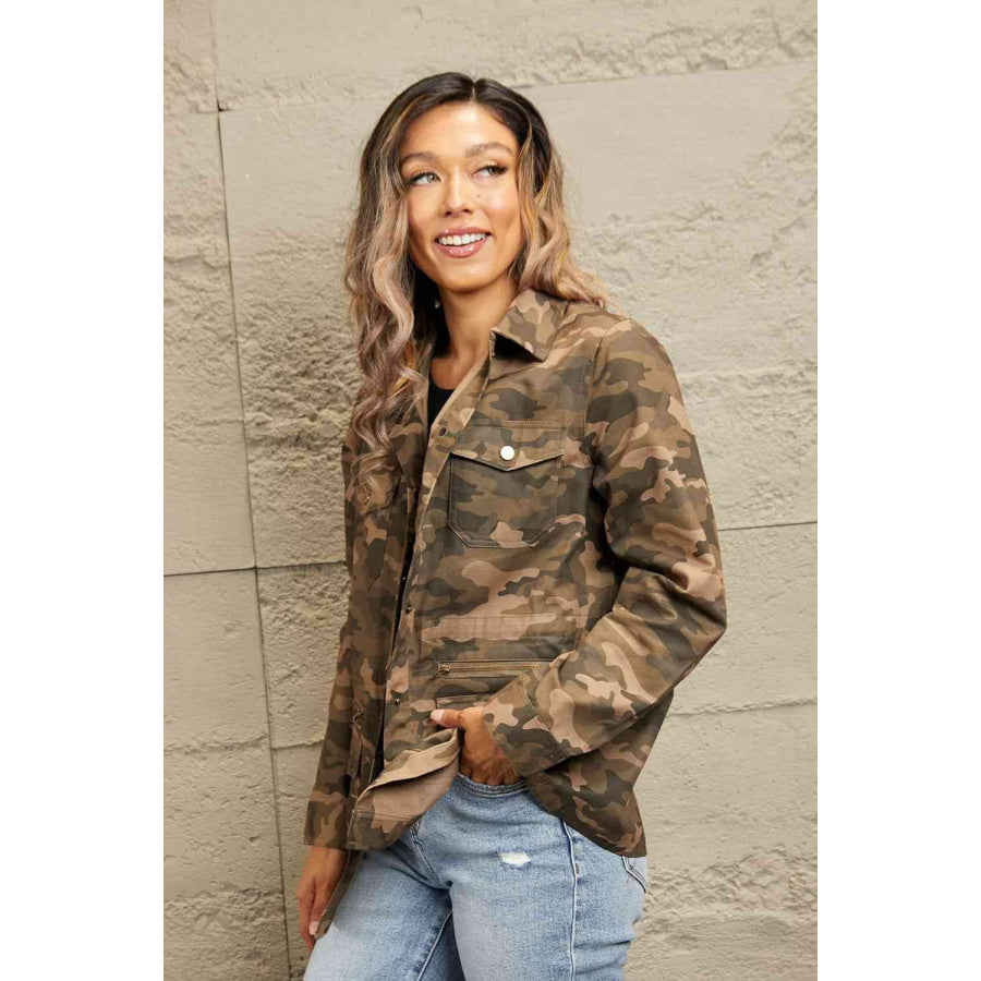Double Take Camouflage Snap Down Jacket Coats & Jackets