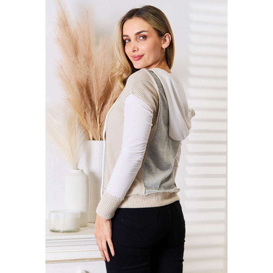 Double Take Color Block Exposed Seam Drawstring Hoodie Apparel and Accessories