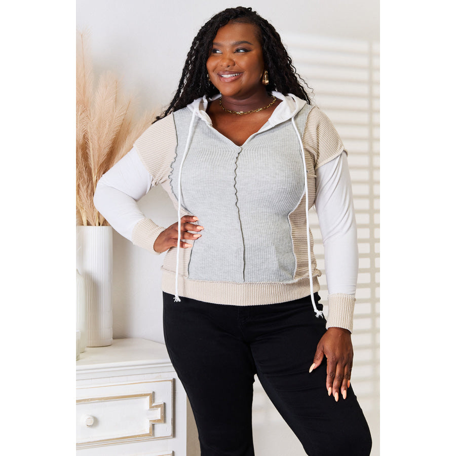 Double Take Color Block Exposed Seam Drawstring Hoodie Apparel and Accessories