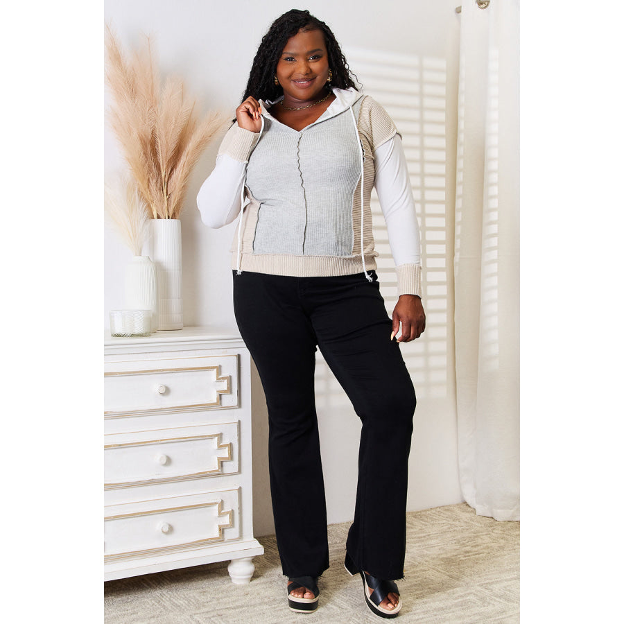 Double Take Color Block Exposed Seam Drawstring Hoodie Apparel and Accessories