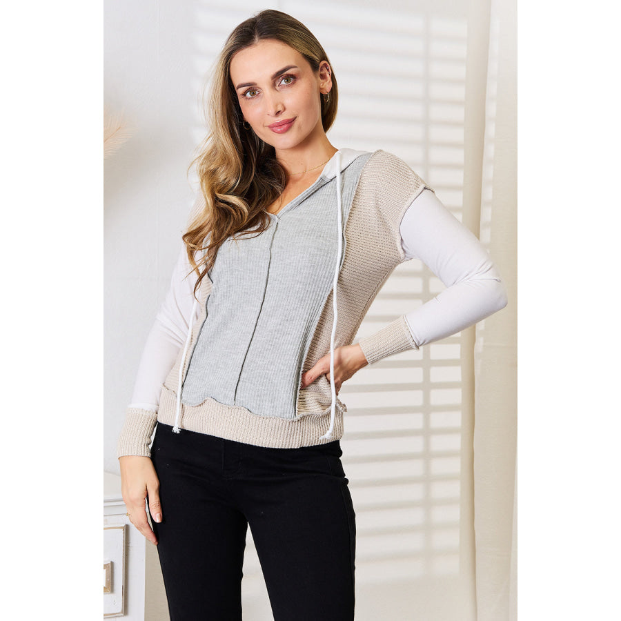 Double Take Color Block Exposed Seam Drawstring Hoodie Apparel and Accessories