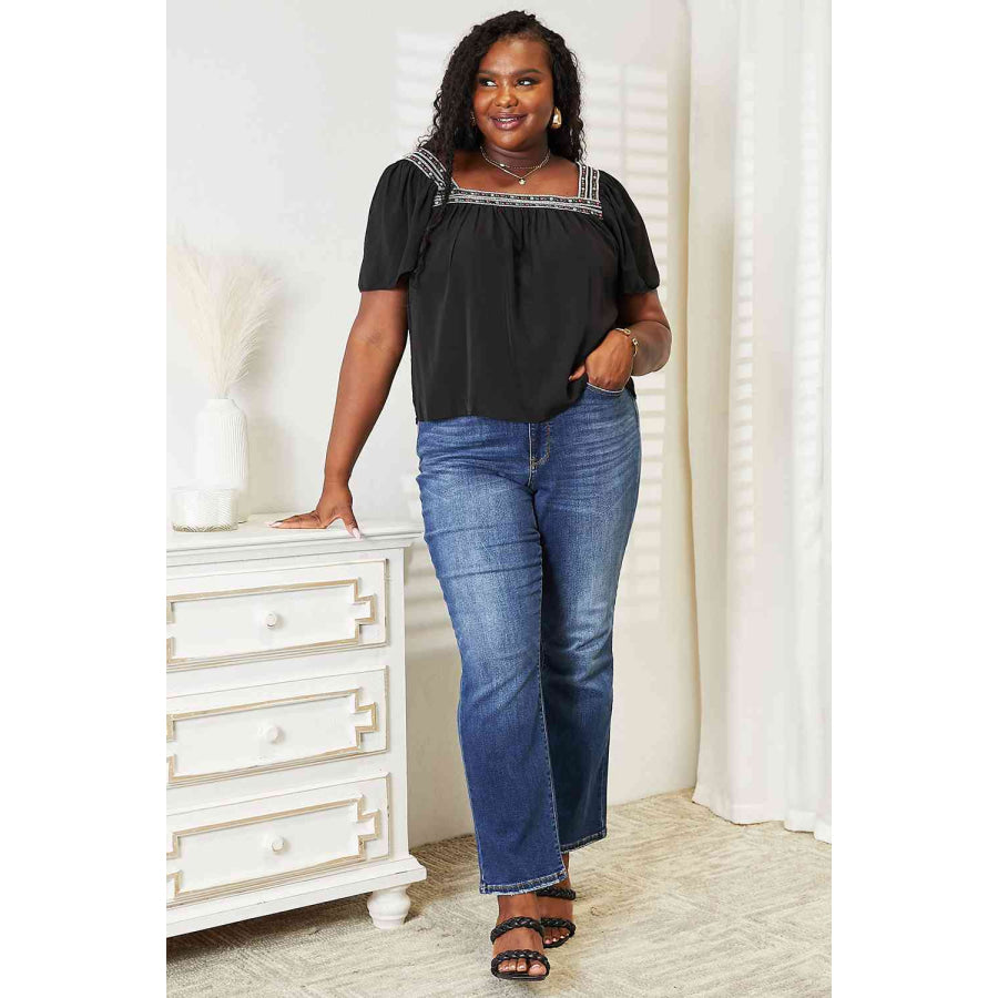 Double Take Contrast Square Neck Puff Sleeve Blouse Shirts & Tops