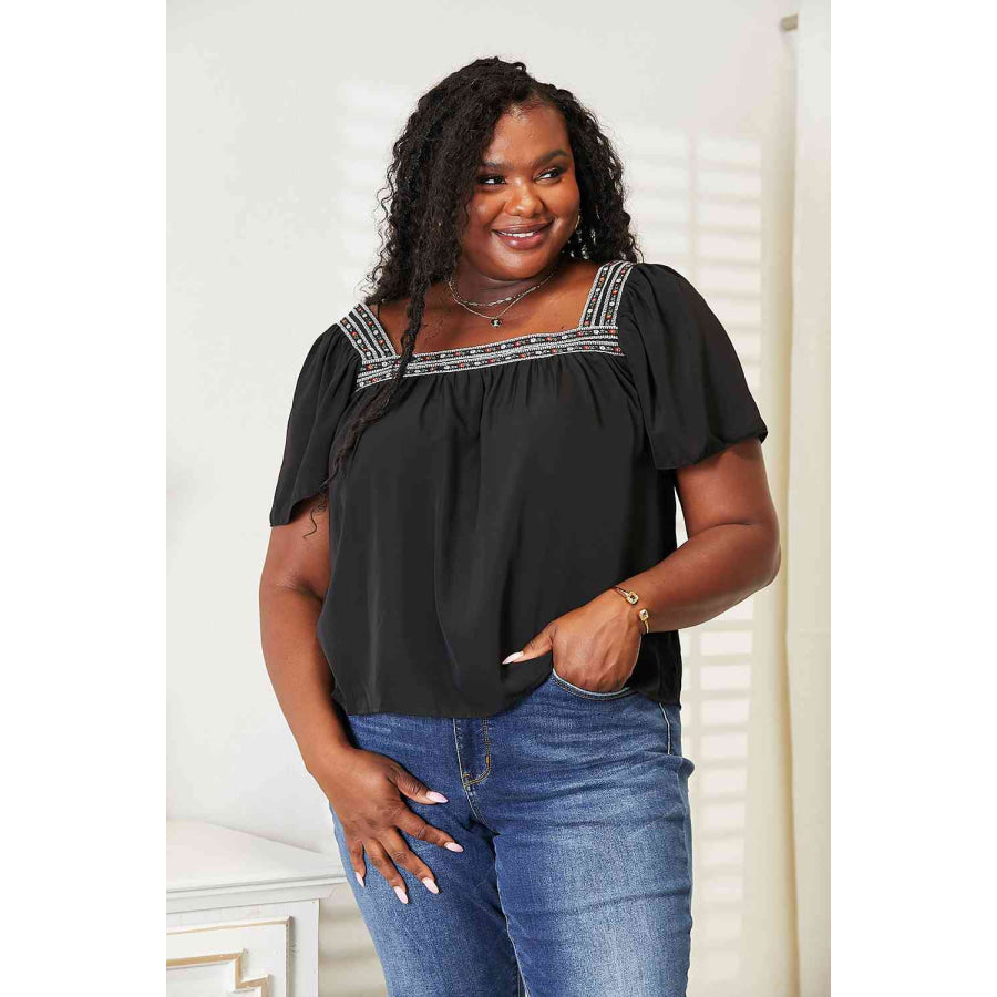 Double Take Contrast Square Neck Puff Sleeve Blouse Shirts & Tops