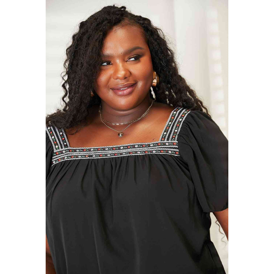 Double Take Contrast Square Neck Puff Sleeve Blouse Shirts & Tops