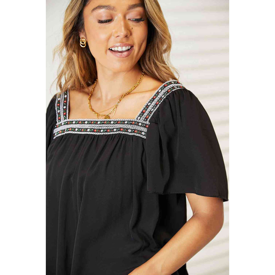 Double Take Contrast Square Neck Puff Sleeve Blouse Shirts & Tops