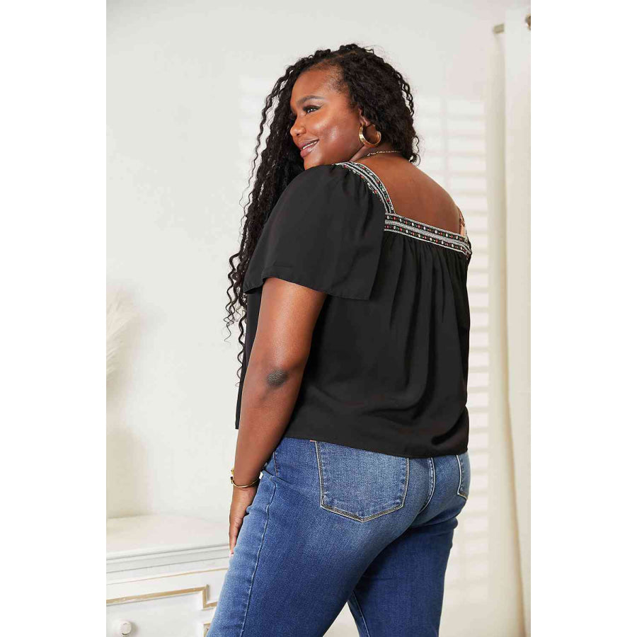 Double Take Contrast Square Neck Puff Sleeve Blouse Shirts & Tops