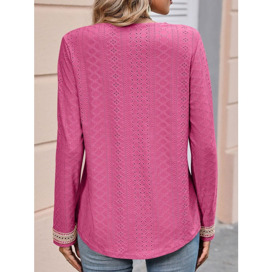 Double Take Contrast V-Neck Eyelet Long Sleeve Top Hot Pink / S