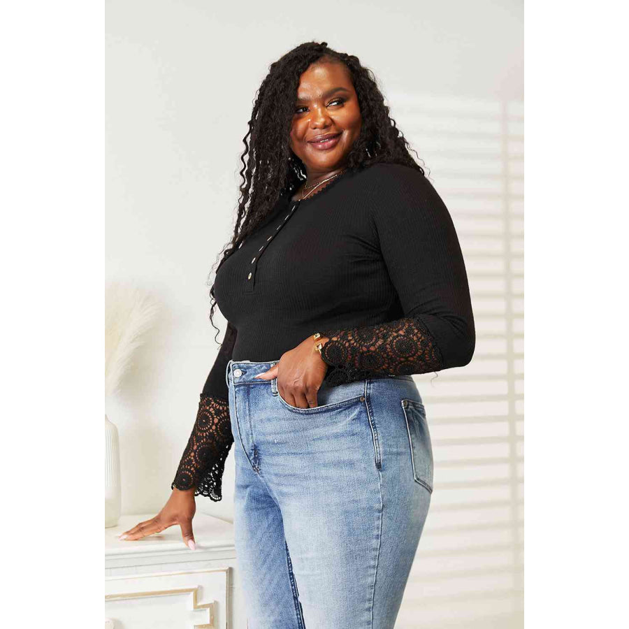 Double Take Crochet Lace Hem Sleeve Button Top Apparel and Accessories