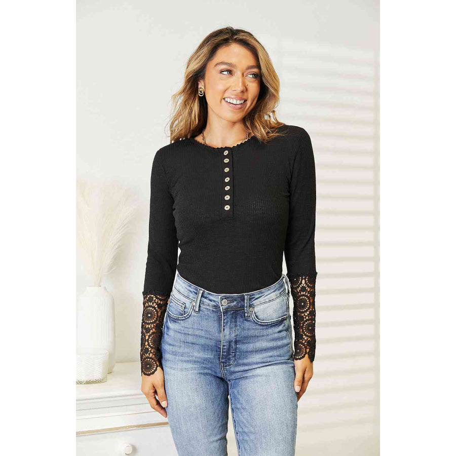 Double Take Crochet Lace Hem Sleeve Button Top Apparel and Accessories