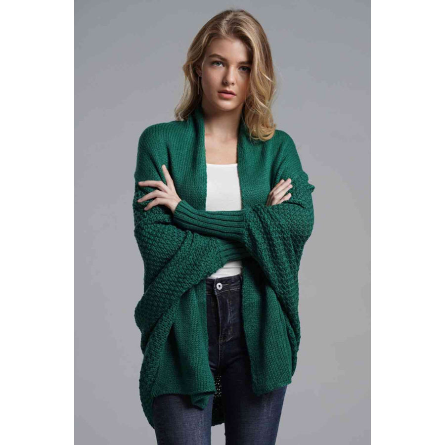 Double Take Dolman Sleeve Open Front Ribbed Trim Longline Cardigan Apparel and Accessories
