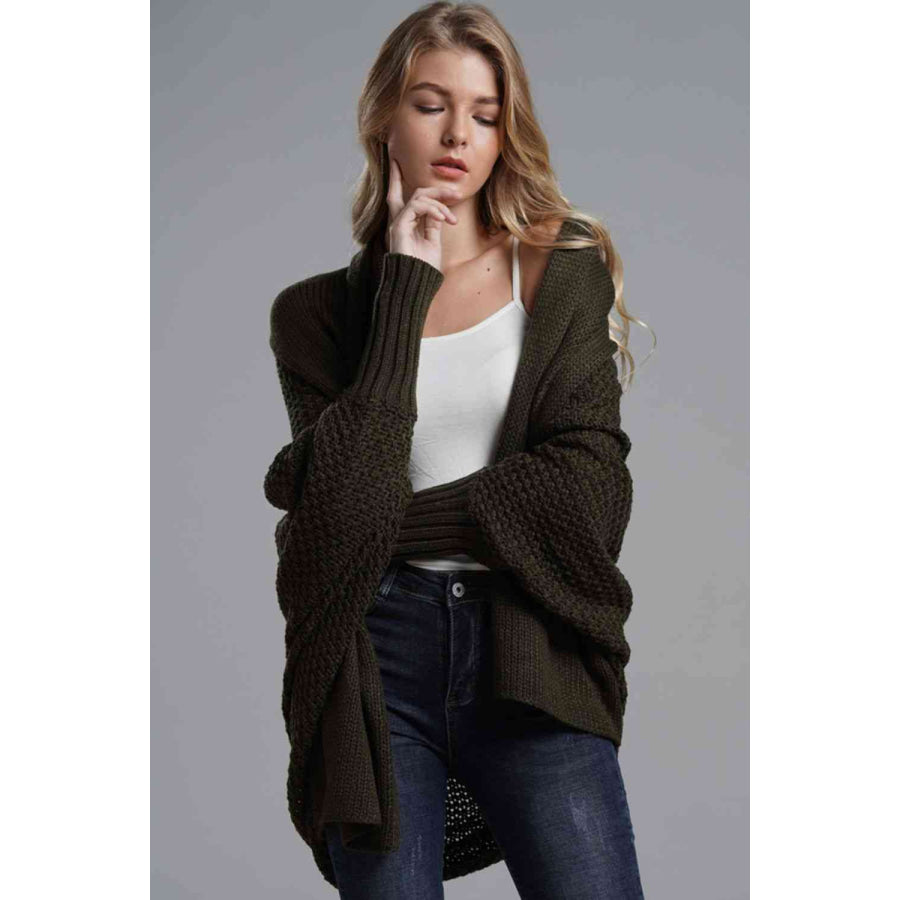 Double Take Dolman Sleeve Open Front Ribbed Trim Longline Cardigan Apparel and Accessories