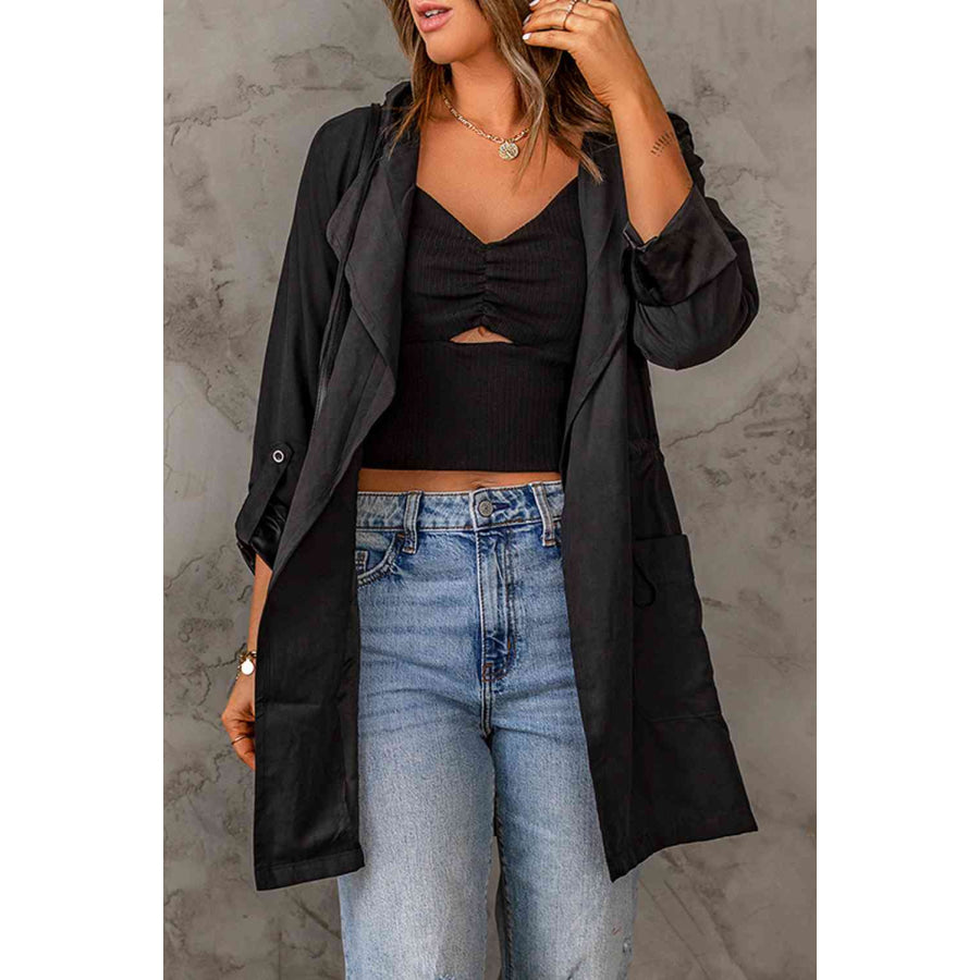 Double Take Drawstring Hooded Longline Jacket Apparel and Accessories