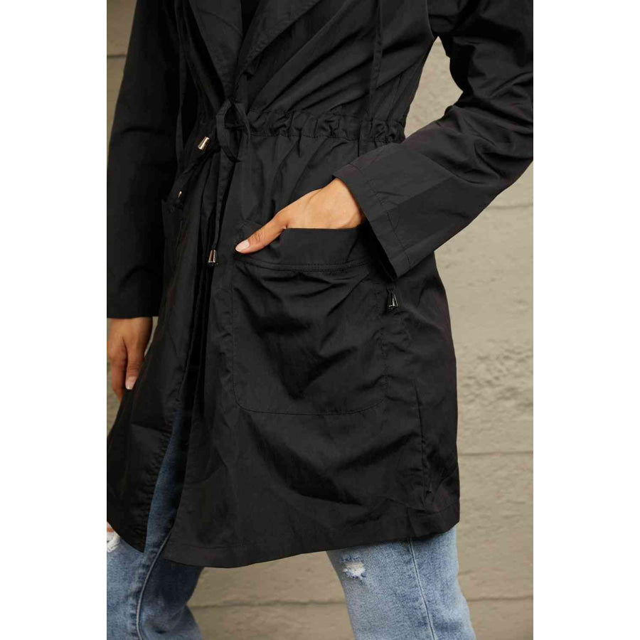 Double Take Drawstring Hooded Longline Jacket Apparel and Accessories