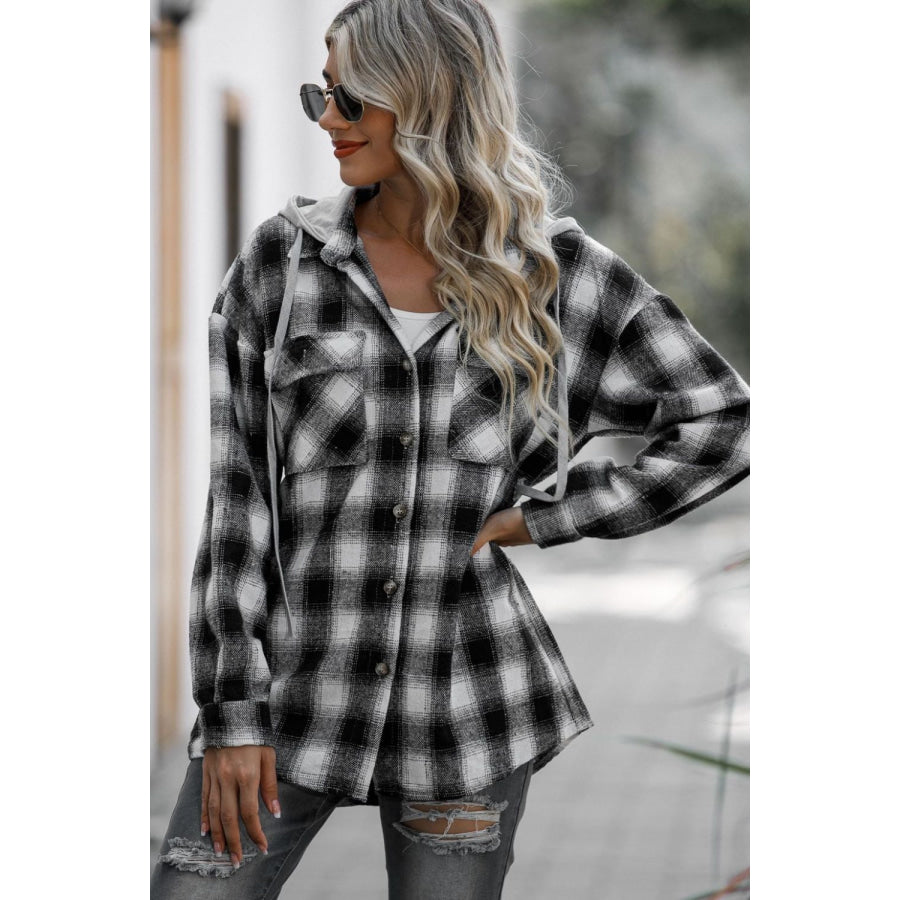 Double Take Drawstring Plaid Long Sleeve Hooded Shacket Apparel and Accessories