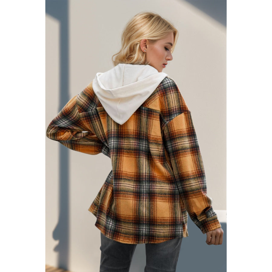 Double Take Drawstring Plaid Long Sleeve Hooded Shacket Sherbet / S Apparel and Accessories