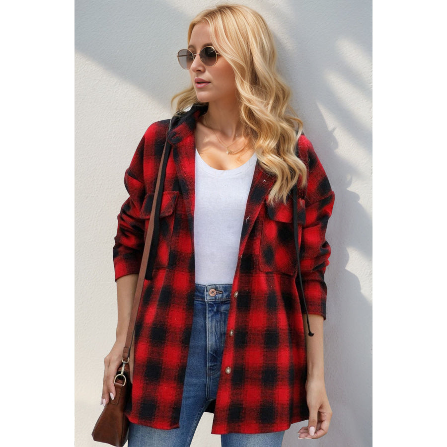Double Take Drawstring Plaid Long Sleeve Hooded Shacket Apparel and Accessories