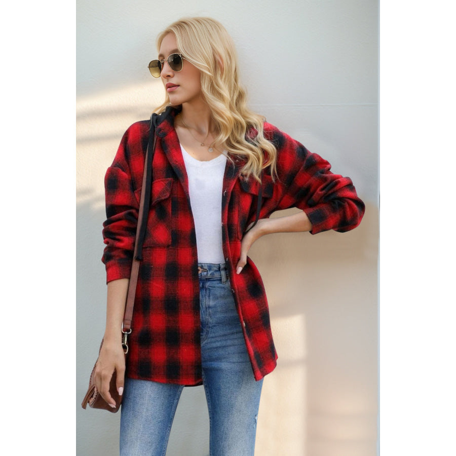 Double Take Drawstring Plaid Long Sleeve Hooded Shacket Apparel and Accessories