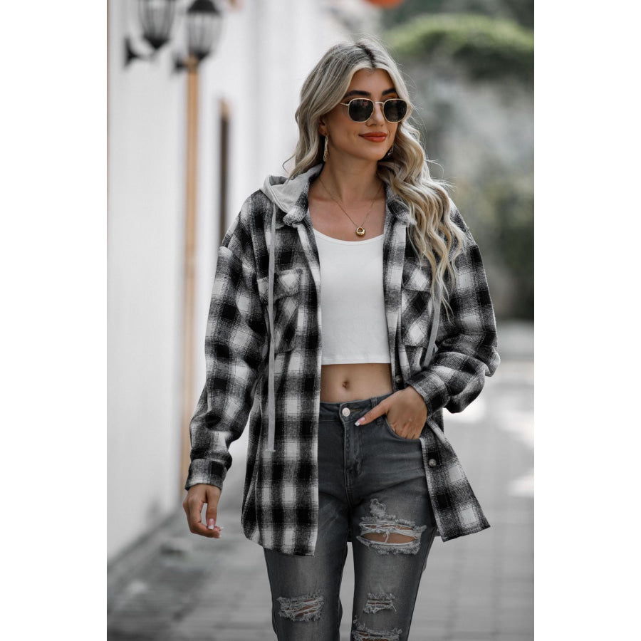 Double Take Drawstring Plaid Long Sleeve Hooded Shacket Black / S Apparel and Accessories