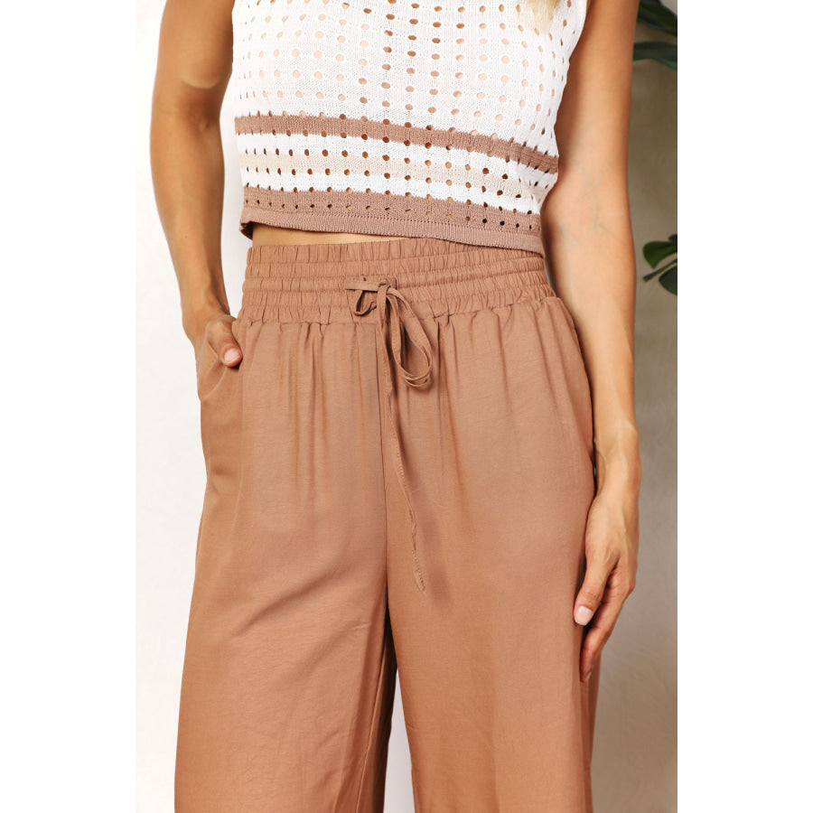 Double Take Drawstring Smocked Waist Wide Leg Pants