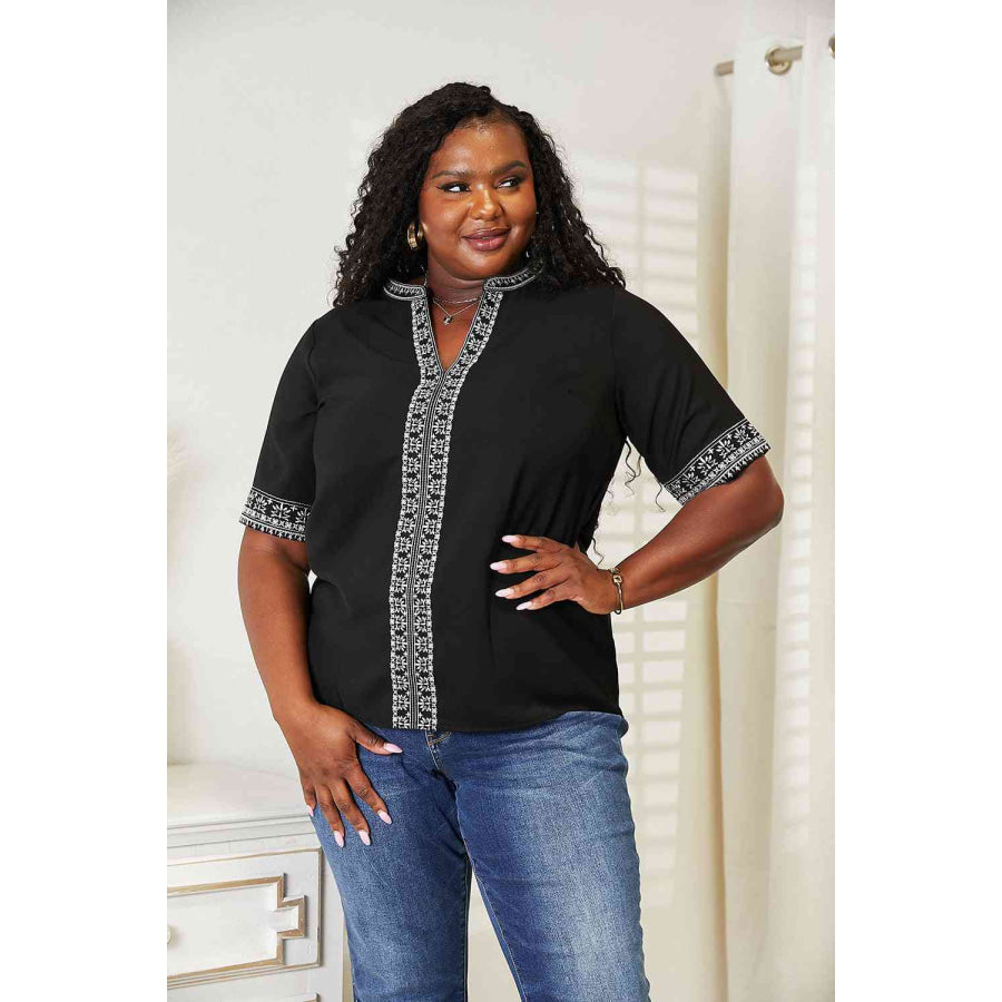 Double Take Embroidered Notched Neck Top Shirts & Tops