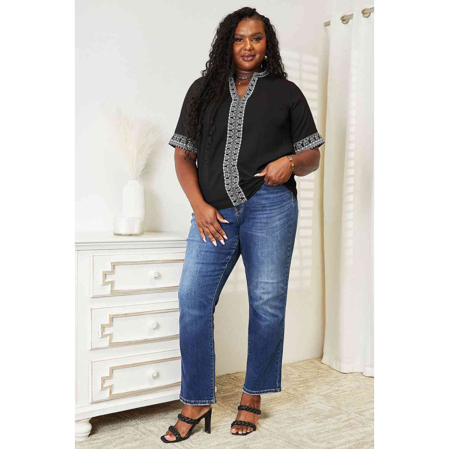 Double Take Embroidered Notched Neck Top Shirts & Tops