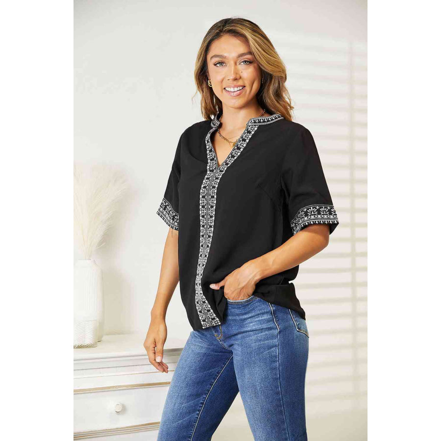 Double Take Embroidered Notched Neck Top Shirts & Tops