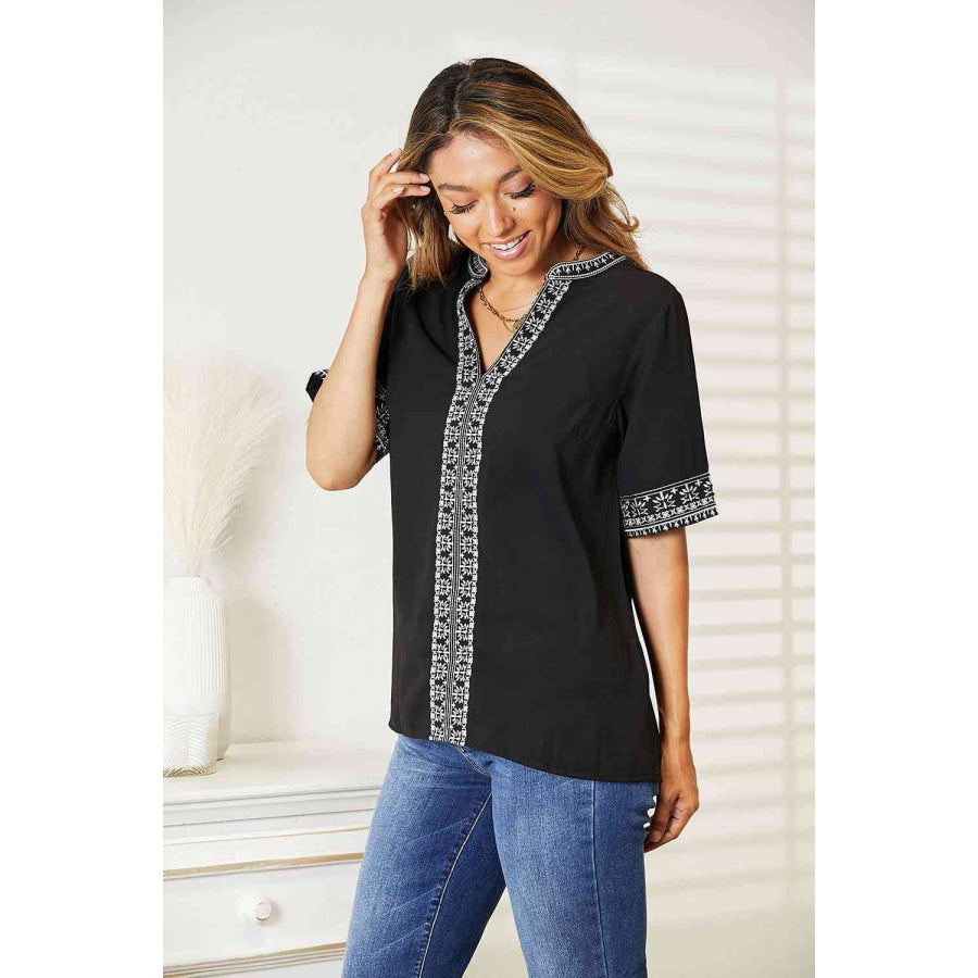 Double Take Embroidered Notched Neck Top Shirts & Tops