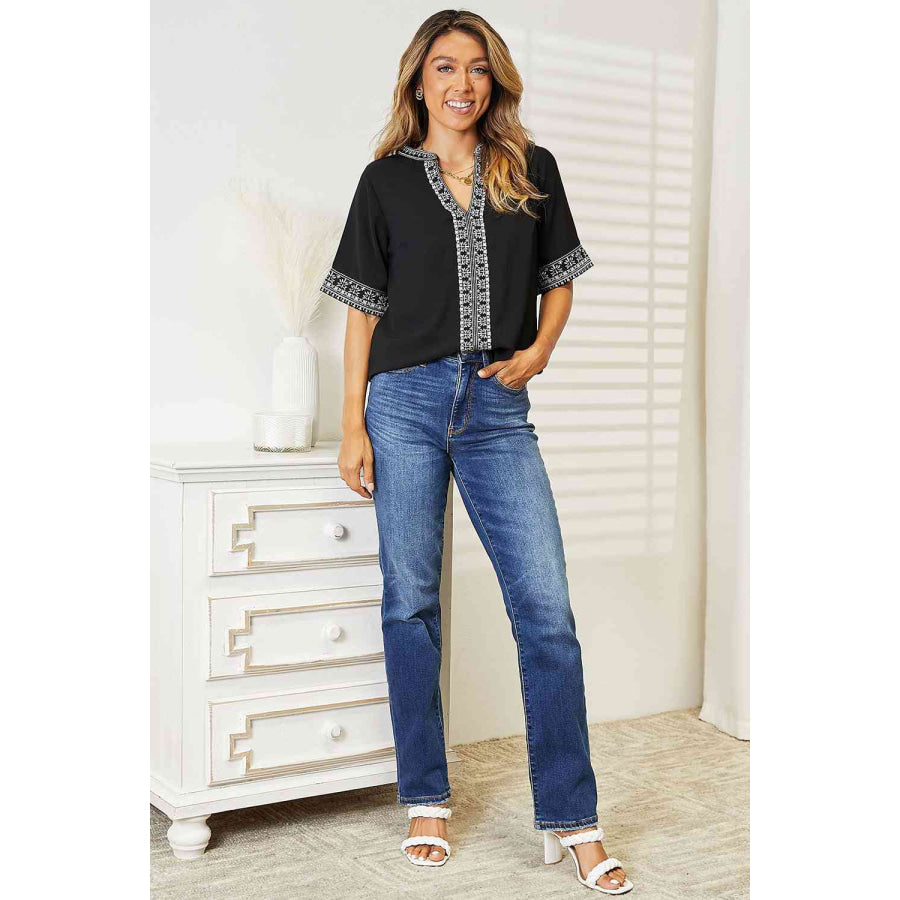 Double Take Embroidered Notched Neck Top Shirts & Tops