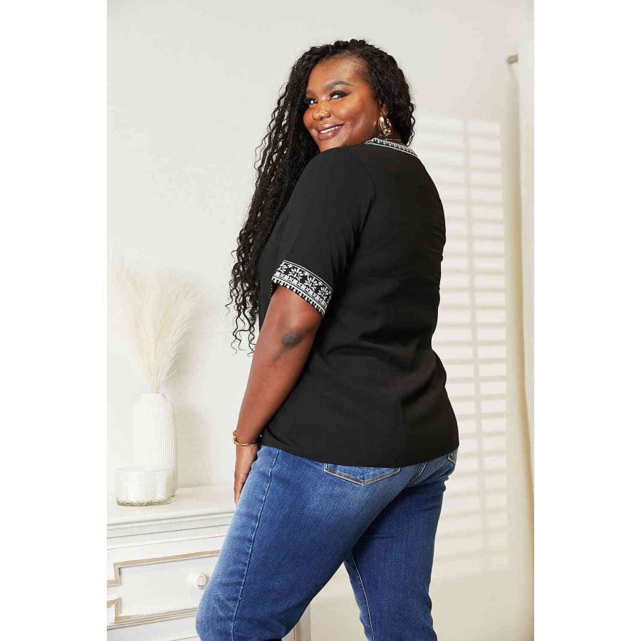 Double Take Embroidered Notched Neck Top Shirts & Tops