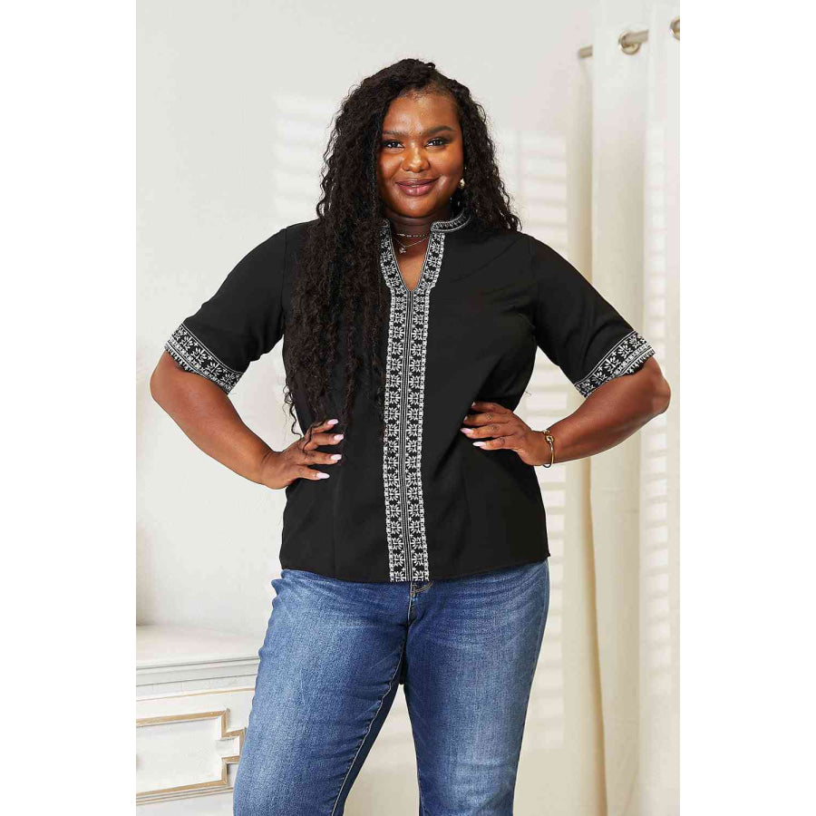 Double Take Embroidered Notched Neck Top Shirts & Tops