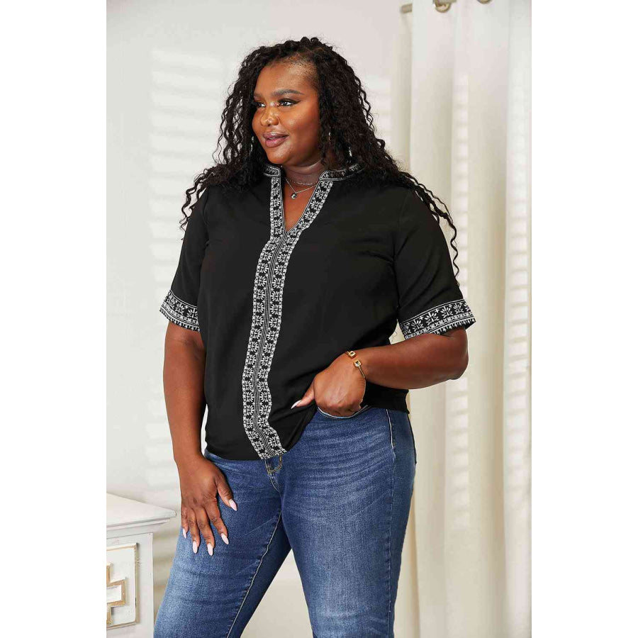 Double Take Embroidered Notched Neck Top Shirts & Tops