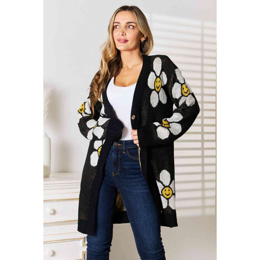 Double Take Floral Button Down Longline Cardigan Black / S Sweater